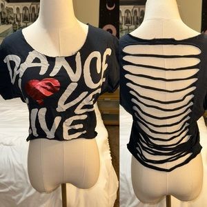 Luv’ Me | Dance Love Live Graphic Distressed Ripped Back Cropped Tee Shirt